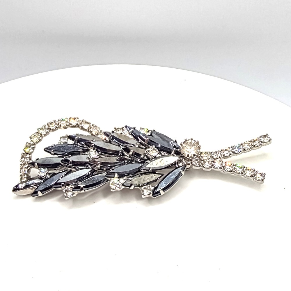 Vintage Hematite Rhinestone Dimensional Floral Spray 3.3" Brooch Pin Silver Tone